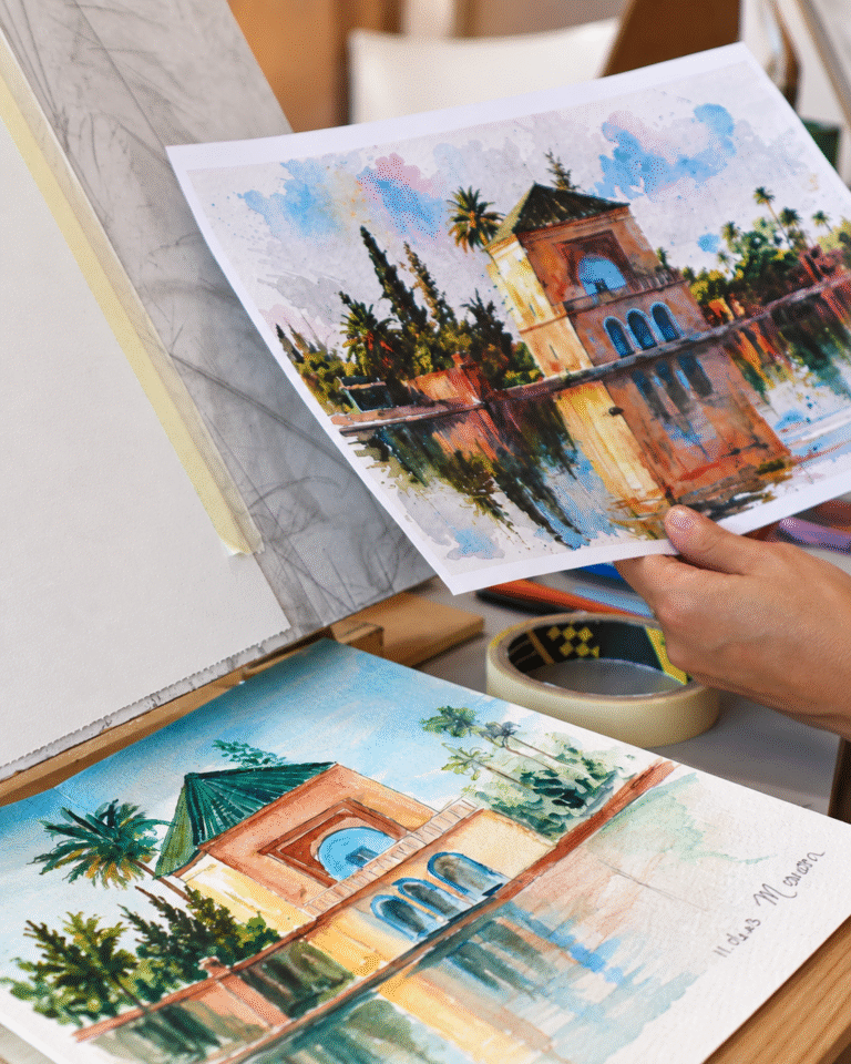 Aquarelle inspirée des jardins de Marrakech réalisée pendant un atelier ART PLUS
