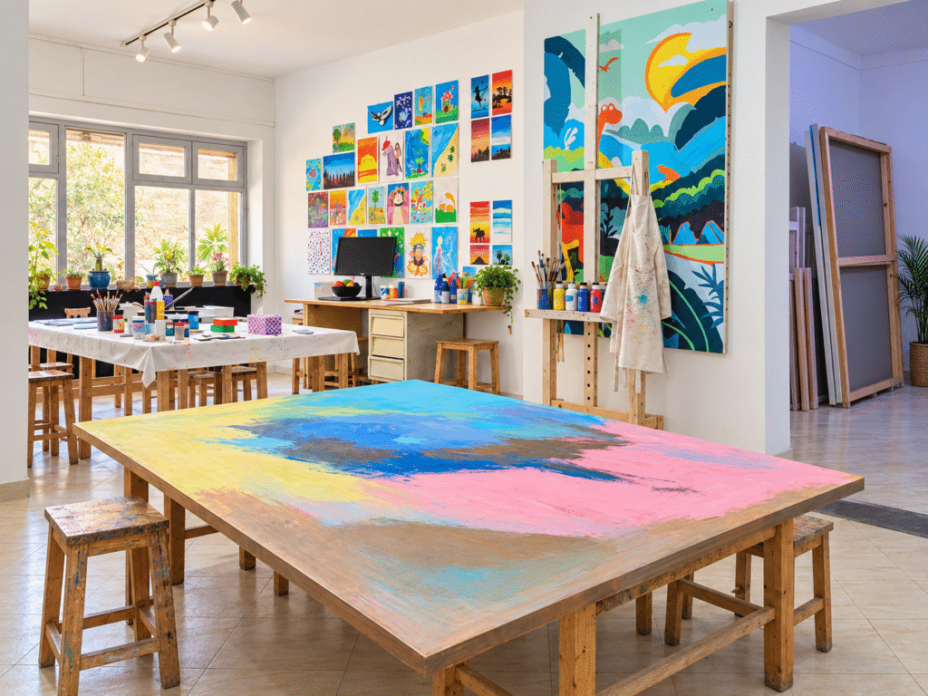 Atelier ART PLUS Marrakech avec tables de travail, chevalets et œuvres réalisées au centre